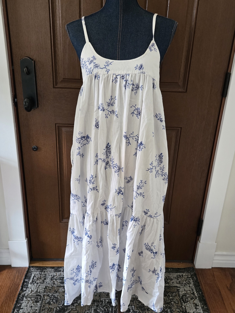 White & Blue Floral Maxi Dress with Spaghetti Straps